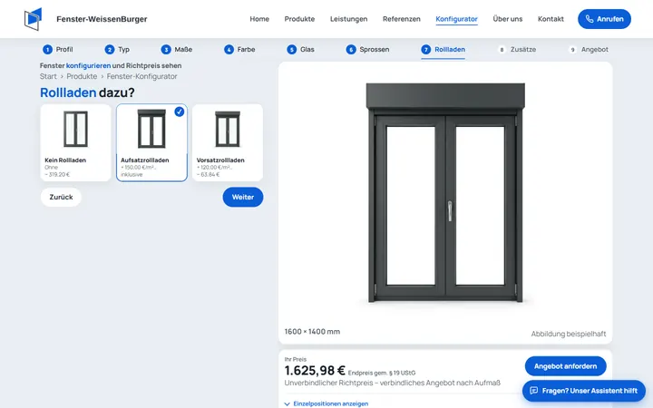Fenster-Konfigurator: zweiflügeliges Fenster in Anthrazit mit Aufsatzrollladen, Foto der Konfiguration und berechneter Richtpreis
