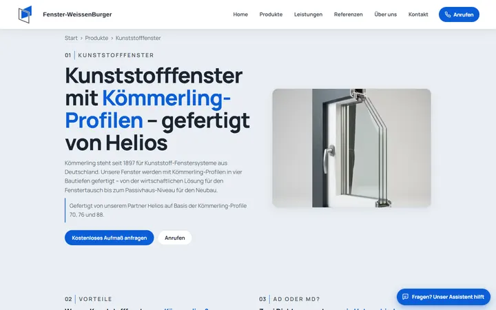 Produktseite für Kunststofffenster mit Kömmerling-Profilen und Foto des Profilquerschnitts
