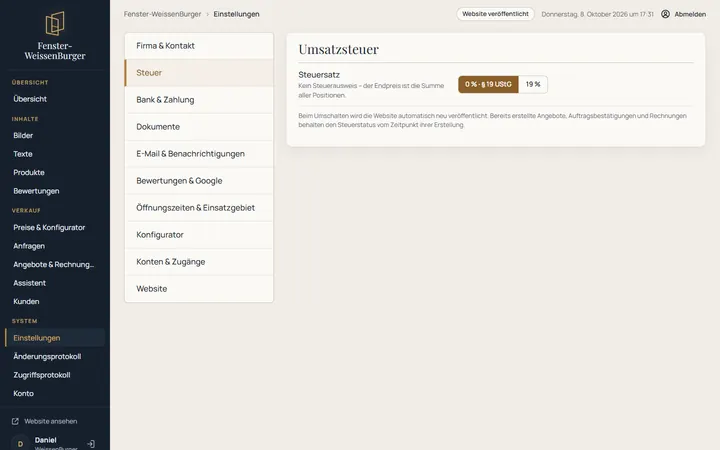 Steuereinstellung im Verwaltungsbereich: Umschalter zwischen 0 % (§ 19 UStG) und 19 % USt.