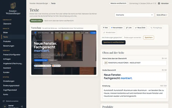 Visueller Texteditor im Verwaltungsbereich mit Vorschau der Startseite