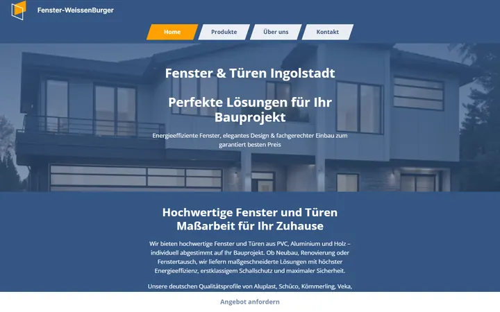 Vorher: Startseite der alten WordPress-Website von Fenster-WeissenBurger mit einfachem Menü und Stockfoto